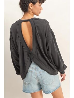 Charcoal Mineral Wash Oversized Cross Detail Open-Back Raw Edge Pullover
